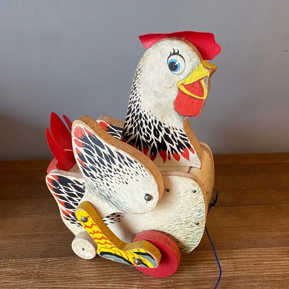 Vintage Fisher Price The Cackling Hen 120 Wooden Pull Toy with Original Box